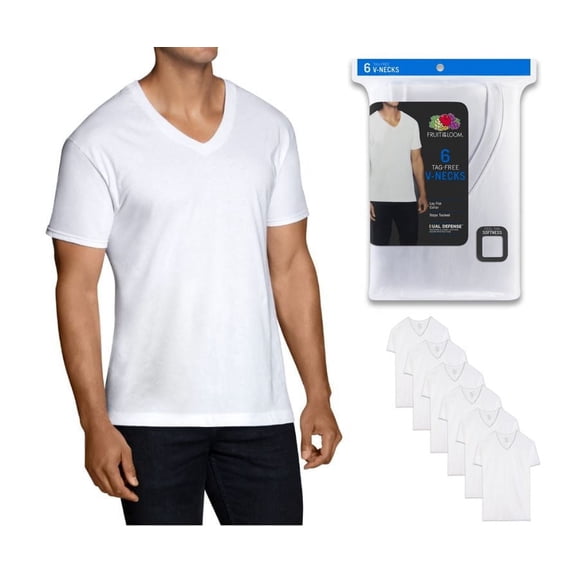 Men's Dual Defense White V-Neck T-Shirts, 6 Pack