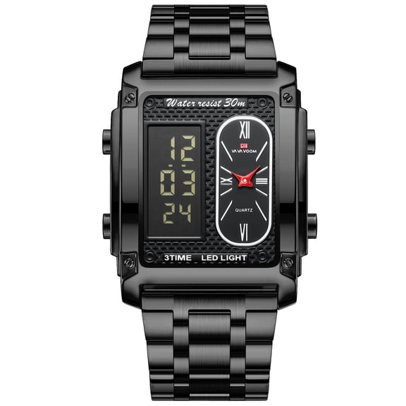 Men's Dual Display Digital Analog Quartz Watch, LED Light, 30M Waterproof, Stainless Steel Wristwatch