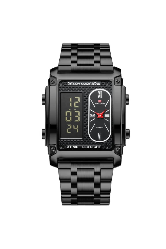 Men's Dual Display Digital Analog Quartz Watch, LED Light, 30M Waterproof, Stainless Steel Wristwatch