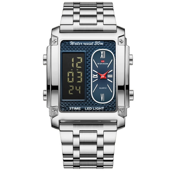 Men's Dual Display Digital Analog Quartz Watch, LED Light, 30M Waterproof, Stainless Steel Wristwatch