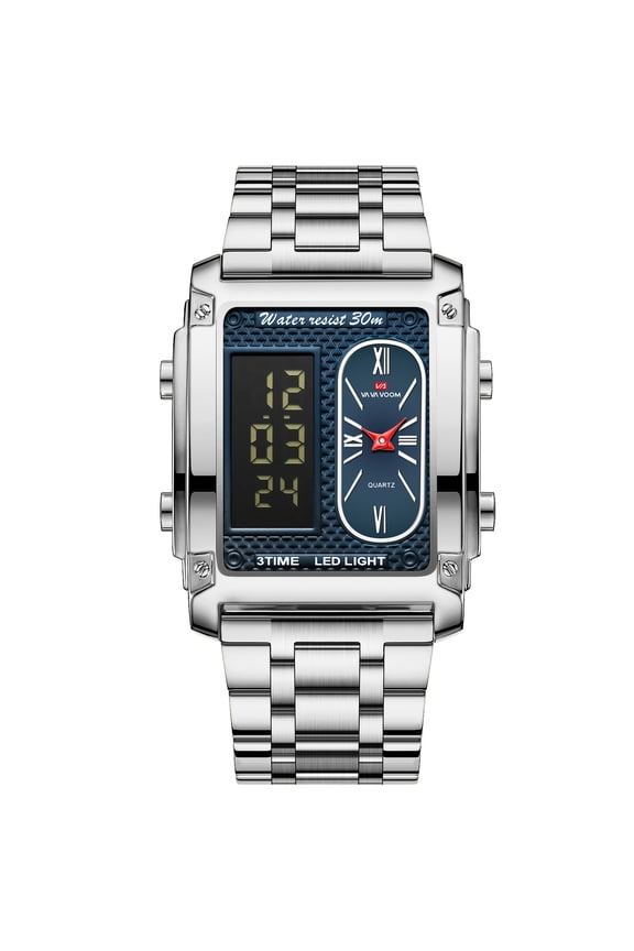 Men's Dual Display Digital Analog Quartz Watch, LED Light, 30M Waterproof, Stainless Steel Wristwatch