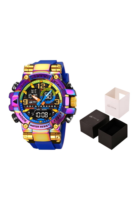 Men's Dual Display Digital Analog Sports Watch, 50M Waterproof, LED Light, Silicone Strap