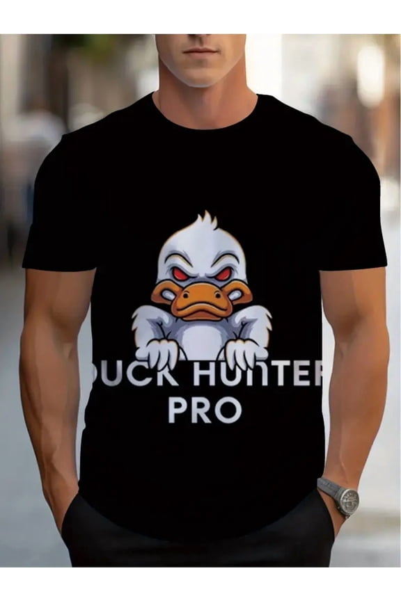 Men's Duck Hunter Pro Graphic T-Shirt, Angry Duck Mascot Short Sleeve Tee, Black