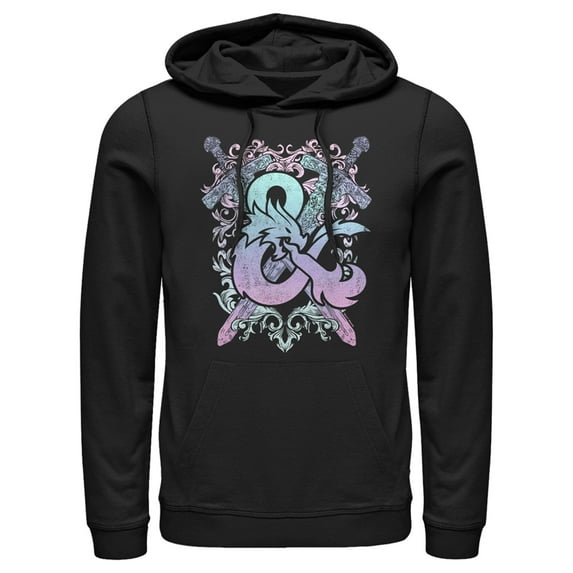 Men's Dungeons & Dragons Pastel Rainbow Sword & Fire Logo Pull Over Hoodie Black Small