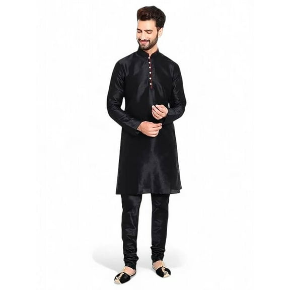 Men's Dupion Silk Black Kurta Pajama Set Indian Traditional Wedding Party Wear Dress-2XL