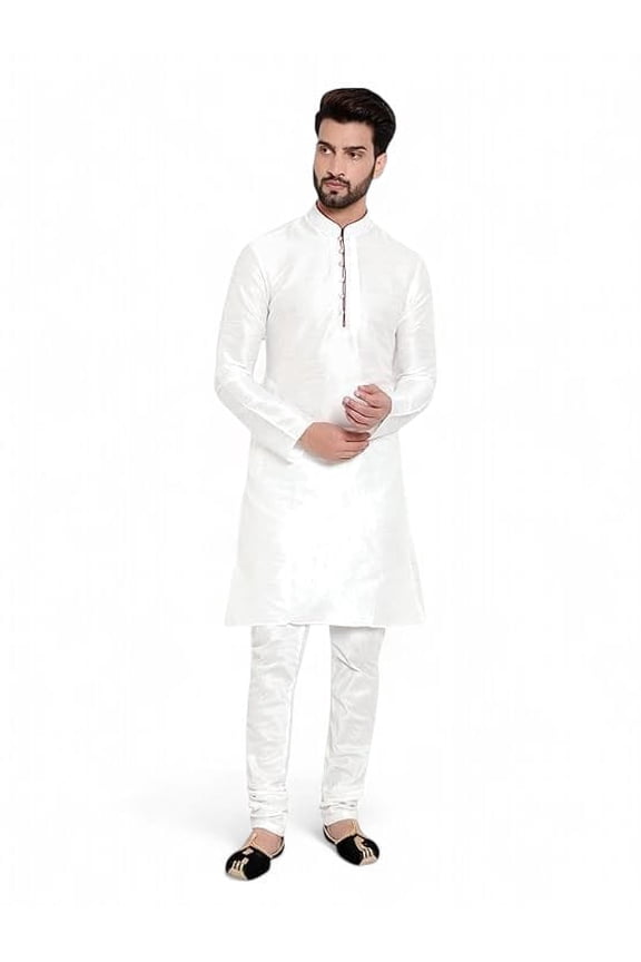 Men's Dupion Silk White Kurta Pajama Set Eid Diwali Wedding Party Wear Dress-S