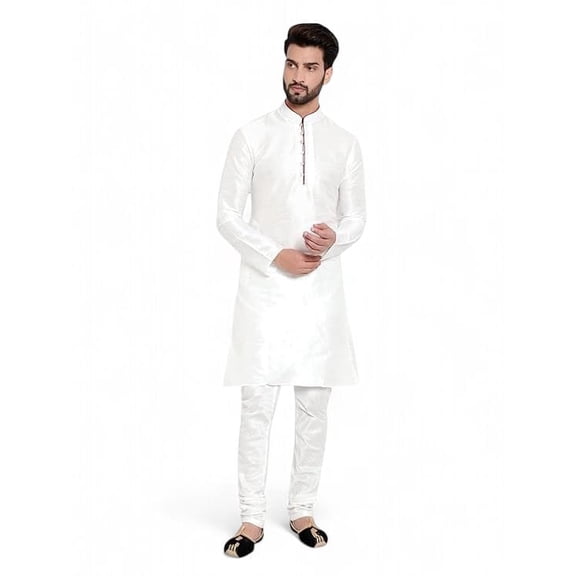Men's Dupion Silk White Kurta Pajama Set Eid Diwali Wedding Party Wear Dress-XL