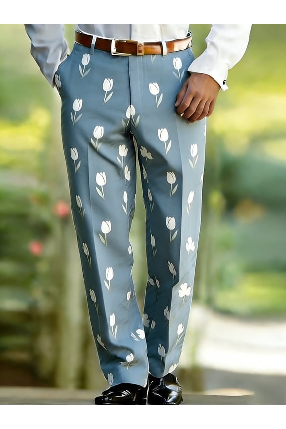 Men's Dusty Blue Tulip Print Straight Leg Dress Pants, Vintage Fresh Style, All-Season Formal Wear for Adult, Ideal for Date, Casual, Commute, Wedding and More Occasions