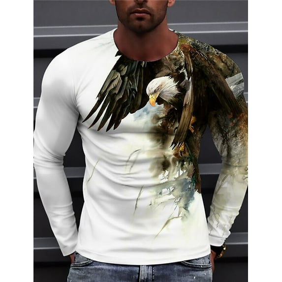 Men's Eagle 3D Printed Retro Long-Sleeve Shirt Tie Dye T Shirt Round Neck Long Sleeve Tops Beige XL
