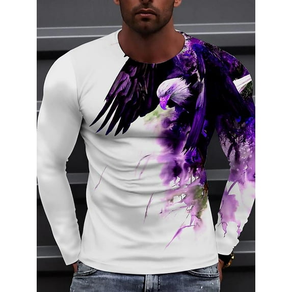 Men's Eagle 3D Printed Retro Long-Sleeve Shirt Tie Dye T Shirt Round Neck Long Sleeve Tops Purple 3XL