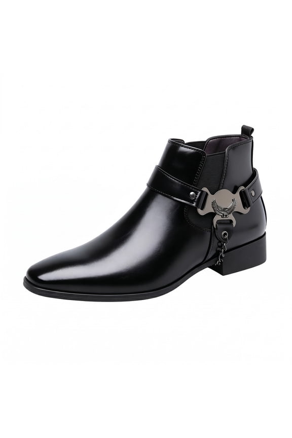 Men's Eagle Metal Buckle Chelsea Boots, Pointed Toe PU Leather Side-Zip Ankle Boots, Punk Rock Style Chain-Decorated Boots for Daily, Party, Performance Wear