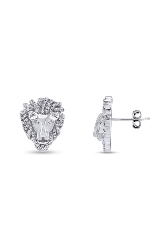 Men's Earrings with Lion Head Studs, 14K White Gold Plated 925 Sterling Silver Jewelry Decorated with White Cubic Zirconia , Animal Stud Jewelry Gift for Men Ear Stud Earrings