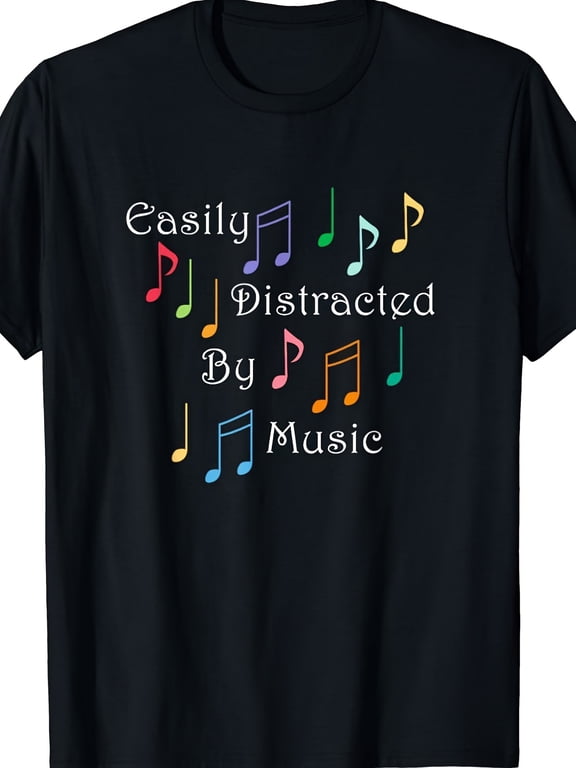 Men's Easily Distracted by Music Graphic T-Shirt, Colorful Musical Notes Print Crew Neck Short Sleeve Tee, Casual Music Lover Shirt, Gift for Musicians and Music Enthusiasts