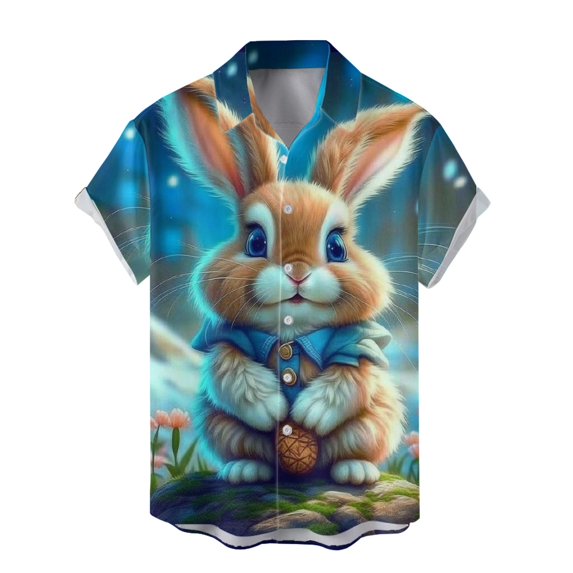 Men's Easter Button Down Shirt Short Sleeve Button Up Funny Easter Eggs Bunny Print Tops Spring Tees