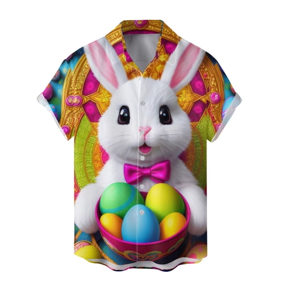 Men's Easter Button Down Shirt Short Sleeve Button Up Funny Easter Eggs Bunny Print Tops Spring Tees