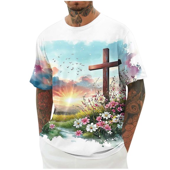 Men's Easter Cross Print T-Shirt – Short Sleeve Crew Neck Casual Tops for Spring Summer Holiday and Everyday Wear Crew Neck Easter Holiday Top