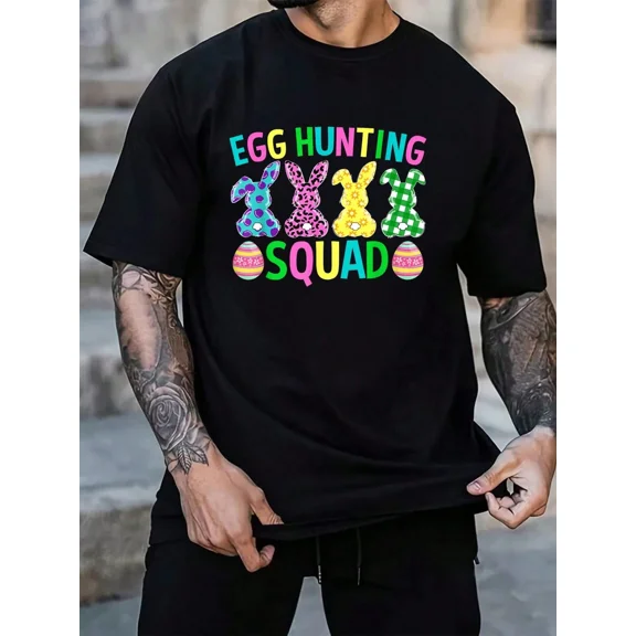 Men's Easter Egg Hunting Squad Graphic T-Shirt, Colorful Bunny Holiday Short Sleeve Tee