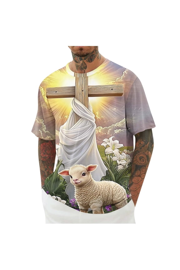 Men's Easter Shirts Jesus Cross 3D Print T-Shirt Short Sleeve Funny Graphic Tees Tops Christian Religious Bible T-Shirts Short Sleeve Religious Top for Easter Sunday Church Services