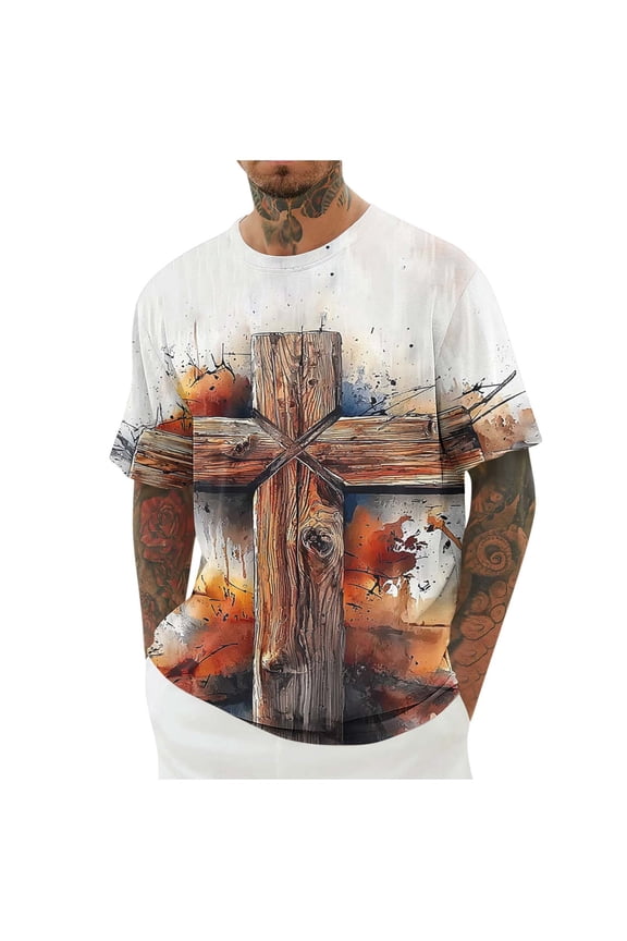 Men's Easter Shirts Jesus Cross 3D Print T-Shirt Short Sleeve Funny Graphic Tees Tops Christian Religious Bible T-Shirts Short Sleeve Religious Top for Easter Sunday Church Services