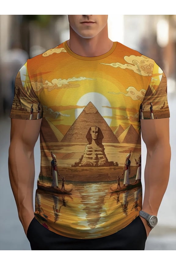Men's Egyptian Sphinx & Pyramid T-Shirt - Full Printed Short Sleeve Shirt with Sphinx and Pyramid Sunset Pattern, Lightweight Crew Neck Casual Top