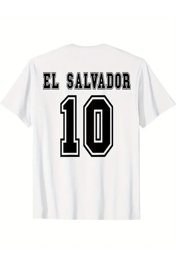 Men's El Salvador Number 10 Jersey Soccer T-Shirt - White & Black Fan Apparel with National Team Logo Print, Casual & Wear, Machine Washable Short Sleeve Shirt for Salvadoran