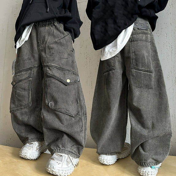 Men's Elastic Double Waist Patchwork Sweatpants Wide Leg Baggy Track Pants Vintage Streetwear,Boys Jogger Pants With Contrast Panels Casual Athletic Sweatpants For Kids Comfortable Elastic（5-15Years）