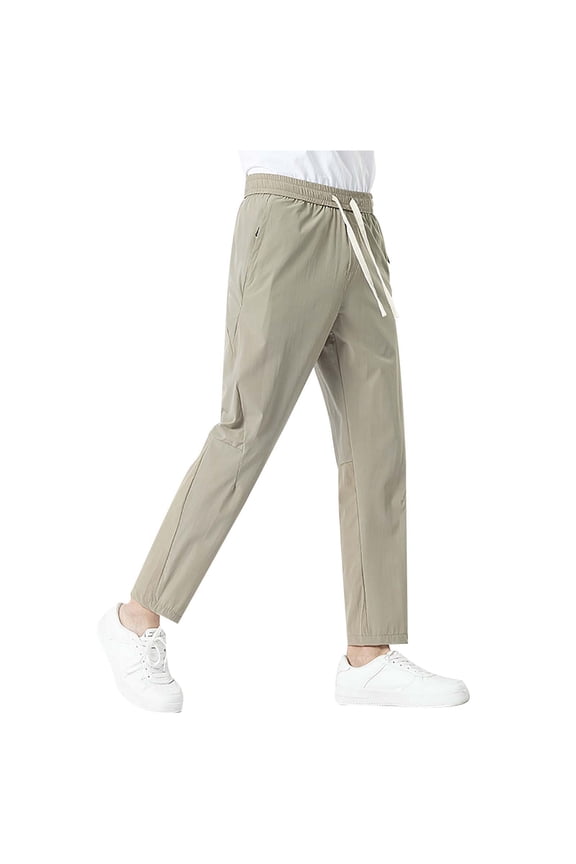Men's Elastic Loose Ice Silk Sports Pants - Polyester, Straight Leg, Drawstring, Casual Jogging
