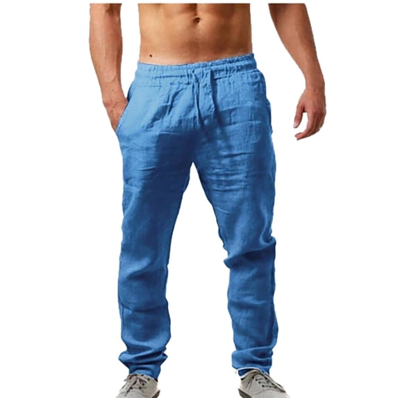 Men's Elastic Pants Solid Color Breathable Cotton Linen Loose Casual Pants