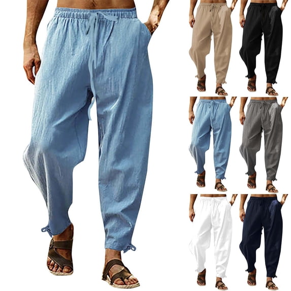 Men's Elastic Solid Cotton Casual Pants Loose Breathable Comfort Fit