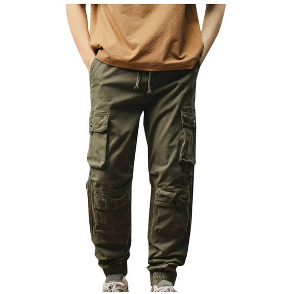 Men's Elastic Waist Cargo Pants Casual Loose Fit Lightweight Workwear Pull On Pants Army Green M