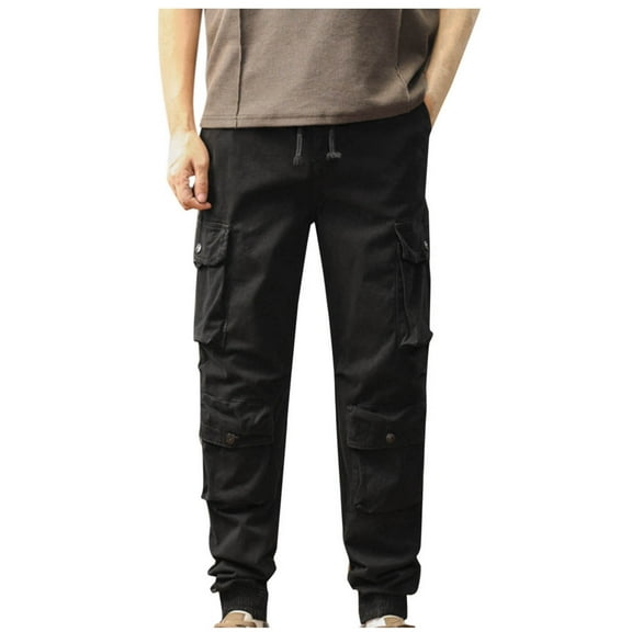 Men's Elastic Waist Cargo Pants Casual Loose Fit Lightweight Workwear Pull On Pants Black L