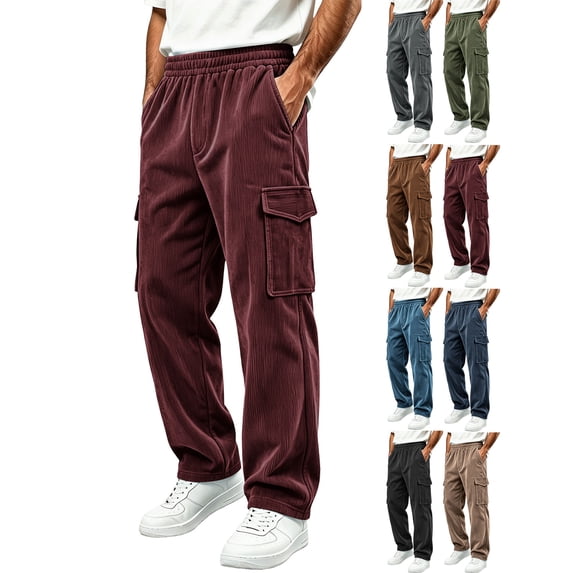 Men's Elastic Waist Cargo Pants,Solid Color Casual Loose Wide Leg Pants with Pockets for Mountain Trip