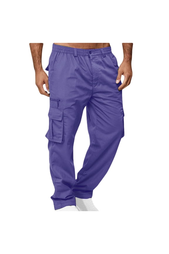 Men's Elastic Waist Cargo Pants with Belt Loops Multi-Pockets Straight Fit Casual