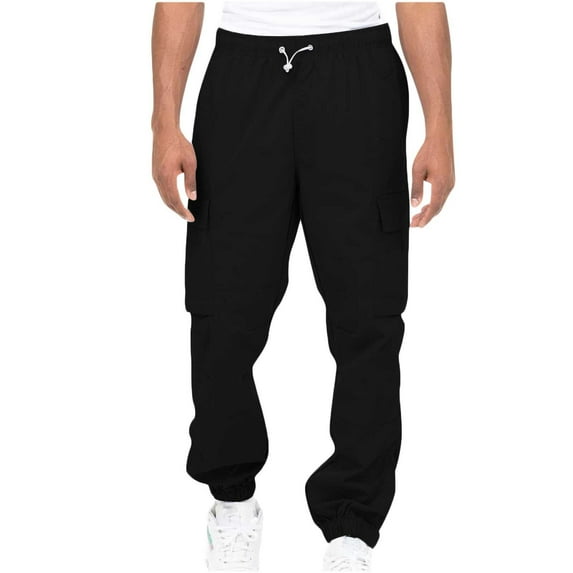 Men's Elastic Waist Cargo Pants with Belt Loops Multiple Pocket Outdoor Casual Straight Leg Trousers for Fitness & Daily Wear