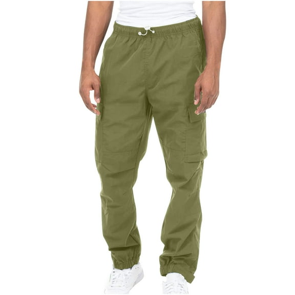 Men's Elastic Waist Cargo Pants with Belt Loops Multiple Pocket Outdoor Casual Straight Leg Trousers for Fitness & Daily Wear