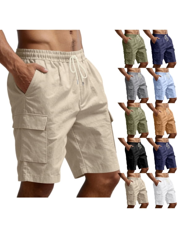 Men's Elastic Waist Cargo Shorts Linen Relaxed Fit Lightweight Quick Dry Outdoor Shorts Work with Side Cargo Pockets, 2XL