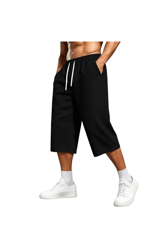 Men's Elastic Waist Drawstring Baggy Capri Sweatpants, Solid Color Casual 3/4 Joggers Long Athletic Workout Shorts with Side Pockets Black-B
