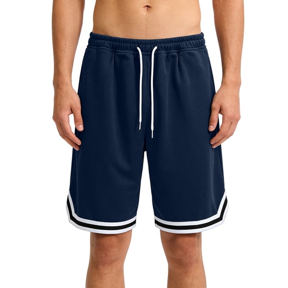 Men's Elastic Waist Drawstring Basketball Shorts Knee-Length Contrast Striped Hem Relaxed Fit Breathable Lightweight Summer Bottoms for Gym Workout and Outdoor Sports Navy 3XL