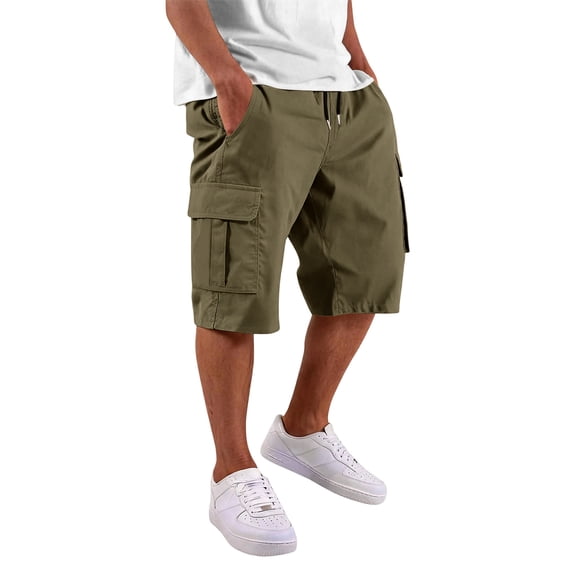 Men's Elastic Waist Drawstring Shorts Knee-Length Solid Cargo Shorts with Cargo Pockets Relaxed Fit Soft Breathable Summer Bottoms for Outdoor Work and Casual Daily Wear Army Green M