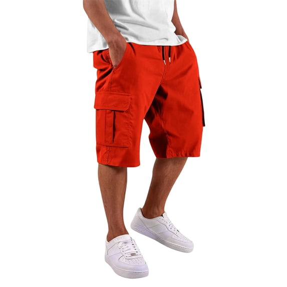 Men's Elastic Waist Drawstring Shorts Knee-Length Solid Cargo Shorts with Cargo Pockets Relaxed Fit Soft Breathable Summer Bottoms for Outdoor Work and Casual Daily Wear Saffron L