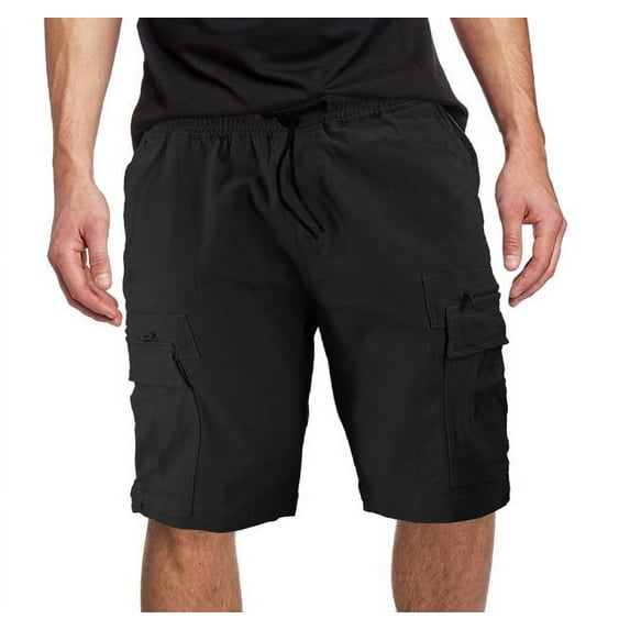 Men's Elastic Waist Multi Utility Pocket Lightweight Drawstring Cargo Shorts (Black, 36)