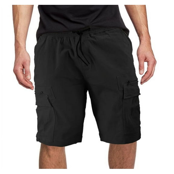 Men's Elastic Waist Multi Utility Pocket Lightweight Drawstring Cargo Shorts (Black, 36)