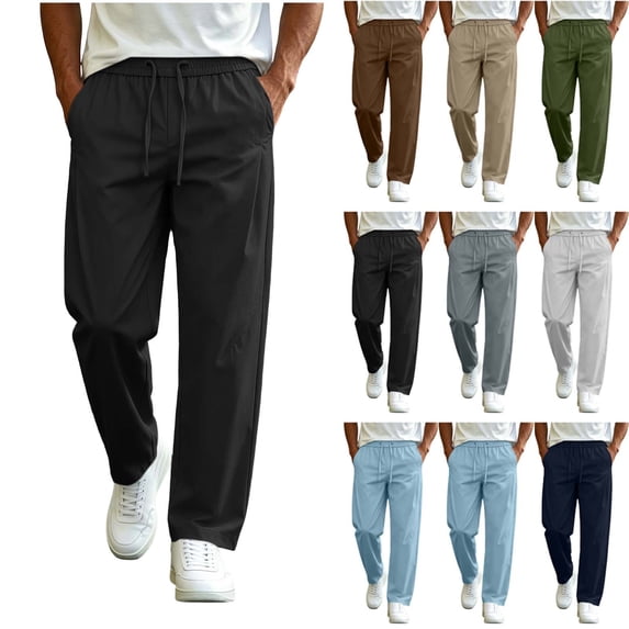 Men's Elastic Waist Straight Leg Pants Comfortable Solid Color Drawstring Trousers for Daily Work & Home Wear