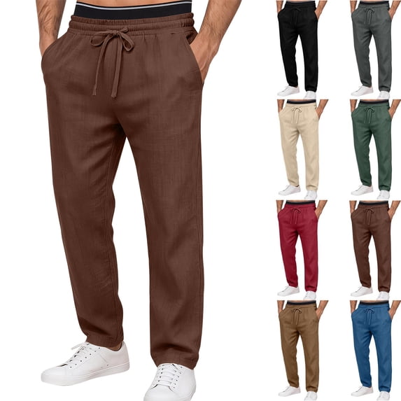Men’s Elastic Waist Straight Leg Pants with Denim-style Buttons | Multi-Pocket Solid Color Casual Trousers