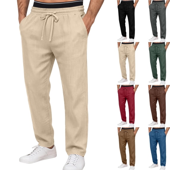 Men’s Elastic Waist Straight Leg Pants with Denim-style Buttons | Multi-Pocket Solid Color Casual Trousers