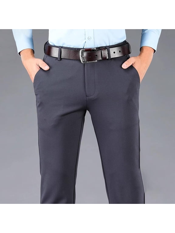 Men's Elastic Waist Straight Leg Trousers for Business Casual Wear Wrinkle Resistant Non Iron Polyester Pants