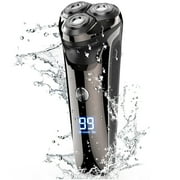 Mens Electric Razor, 2 in 1 4D Electric Rotary Shaver Cordless Rechargeable Mustache Face Beard Trimmer IPX7 Waterproof Dry/Wet, W/ LED Display & Holder for Husband Dad Travel