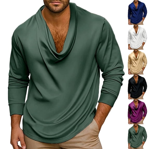 Men's Elegant Solid Silky Satin Shirt Cowl Neck Blouse Long Sleeve Casual Loose Business Dressy Shirts office Work Top Spring Fall Outfits Size 3XL Green