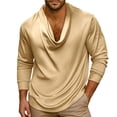 thumbnail image 1 of Men's Elegant Solid Silky Satin Shirt Cowl Neck Blouse Long Sleeve Casual Loose Business Dressy Shirts office Work Top Spring Fall Outfits Size 3XL Gold, 1 of 5