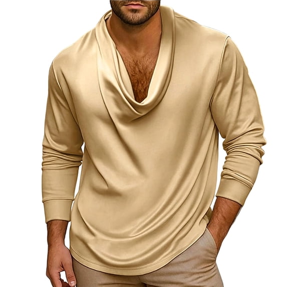 Men's Elegant Solid Silky Satin Shirt Cowl Neck Blouse Long Sleeve Casual Loose Business Dressy Shirts office Work Top Spring Fall Outfits Size 3XL Gold
